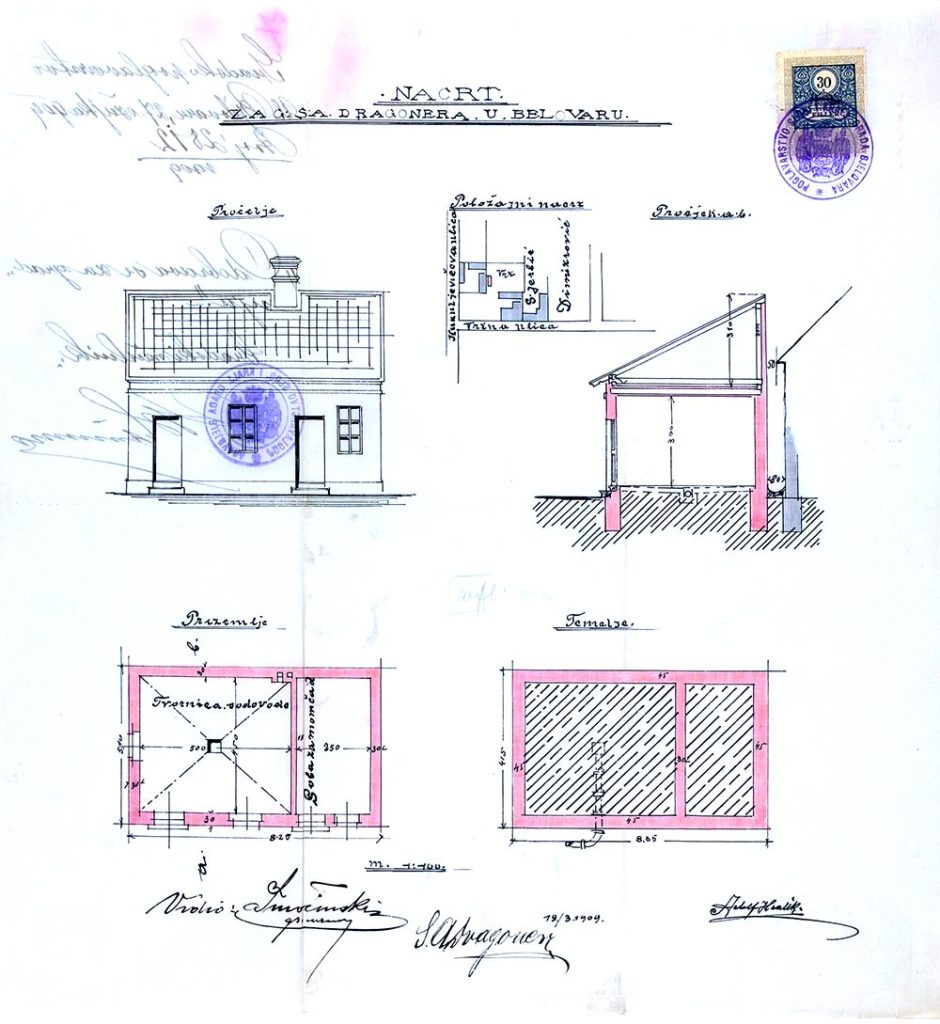 1909. tvornica soda vode S. Dragonera, danas ugao Matice hrvatske i Starčevićeve ulice, inv. br. 2812